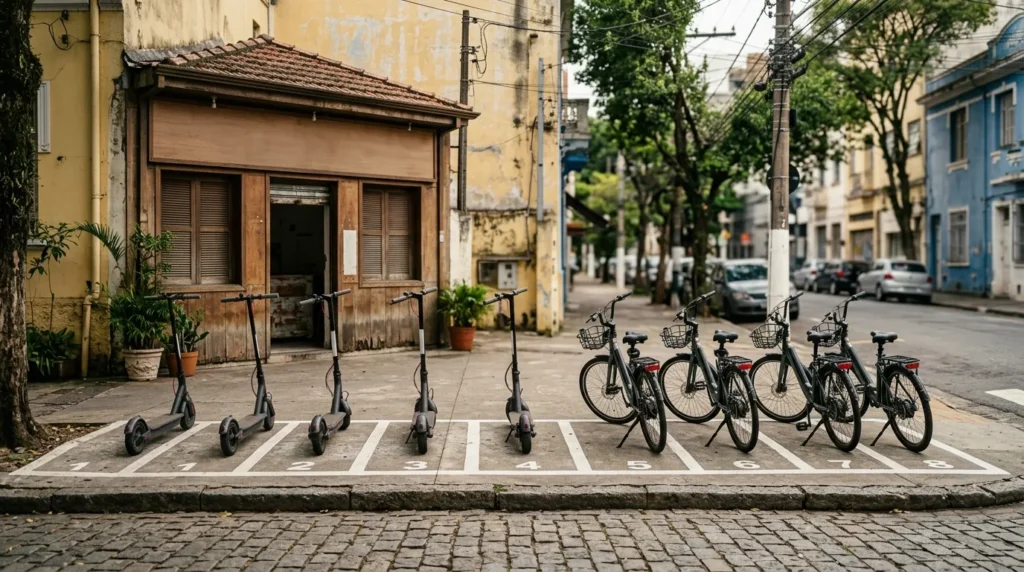 Patinetes e bicicletas elétricas de aluguel enfileirados em vagas numeradas na calçada
