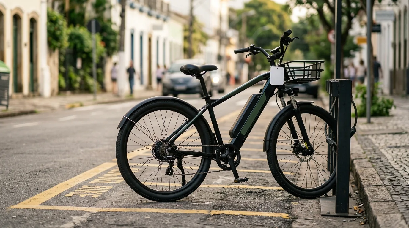 Bicicleta elétrica de aluguel estacionada em vaga demarcada na calçada