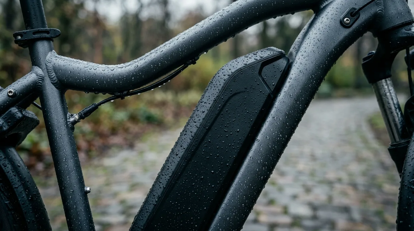 Quadro e bateria de bicicleta elétrica cobertos de gotas de chuva