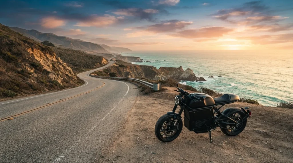 Moto elétrica estacionada na beira de uma estrada litorânea vazia ao entardecer