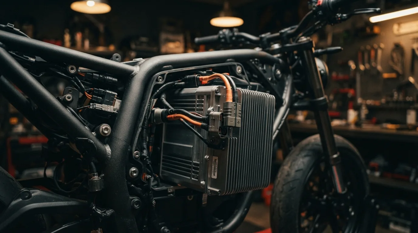 Pack de bateria de lítio parcialmente removido do chassi de uma moto elétrica