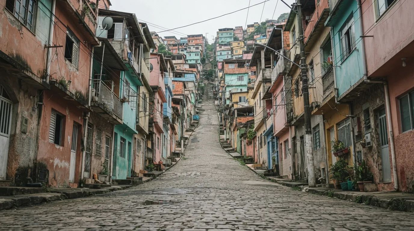 Rua íngreme e estreita de bairro brasileiro vista de baixo para cima