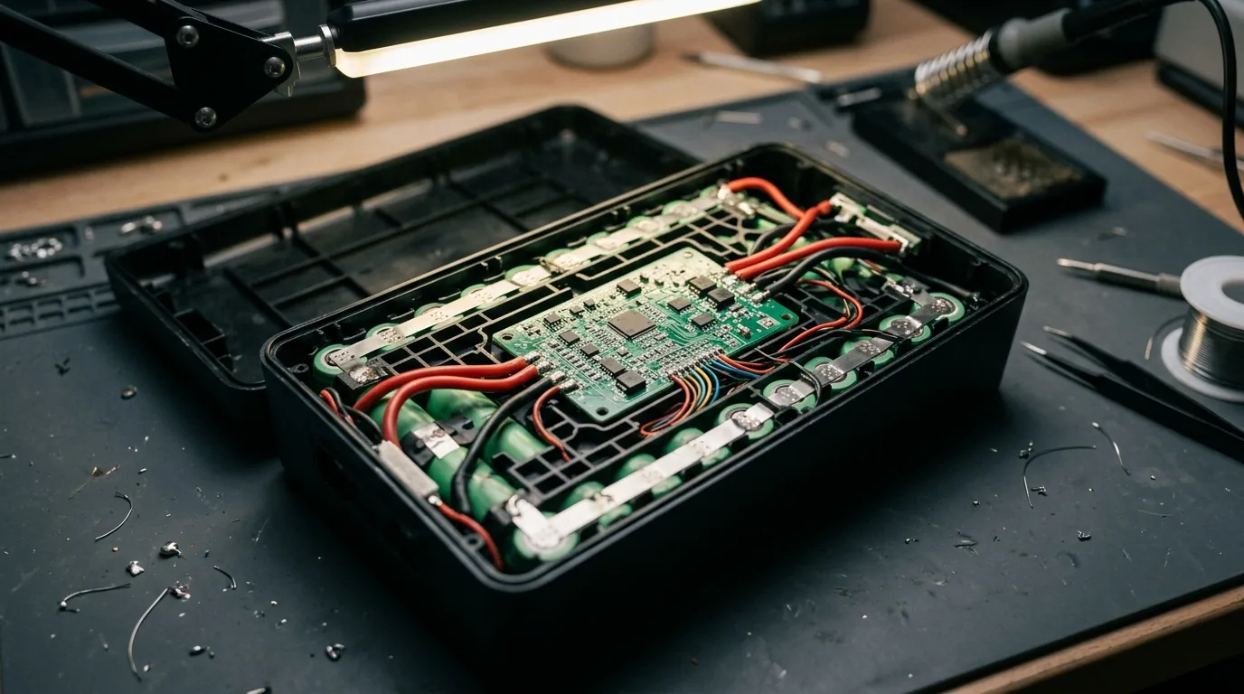 Pack de bateria de lítio aberto mostrando a placa do BMS