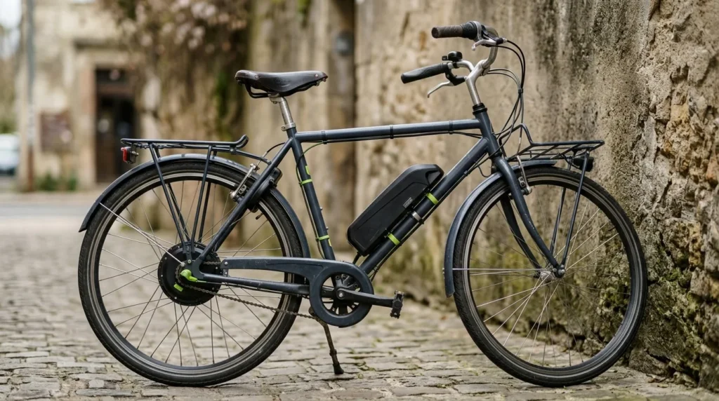 Bicicleta urbana com kit elétrico instalado, bateria no quadro e acelerador no guidão
