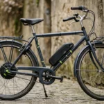 Bicicleta urbana com kit elétrico instalado, bateria no quadro e acelerador no guidão