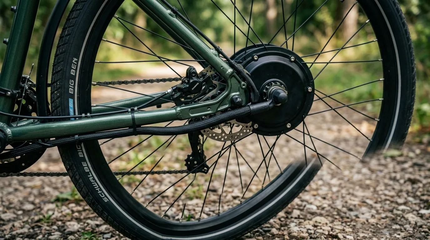 Motor de cubo de um kit elétrico instalado na roda traseira de uma bicicleta