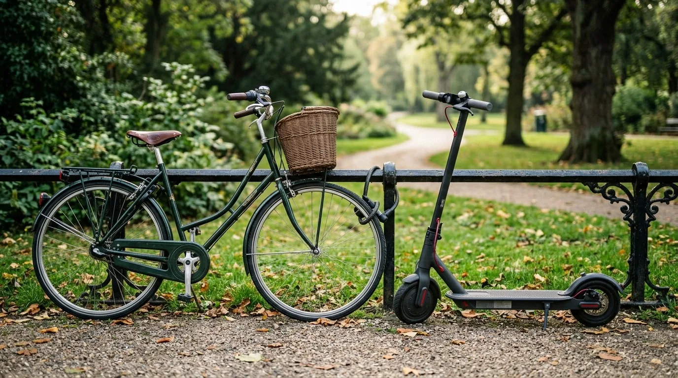 Bicicleta e patinete elétrico lado a lado em um parque, mostrando a diferença de formato