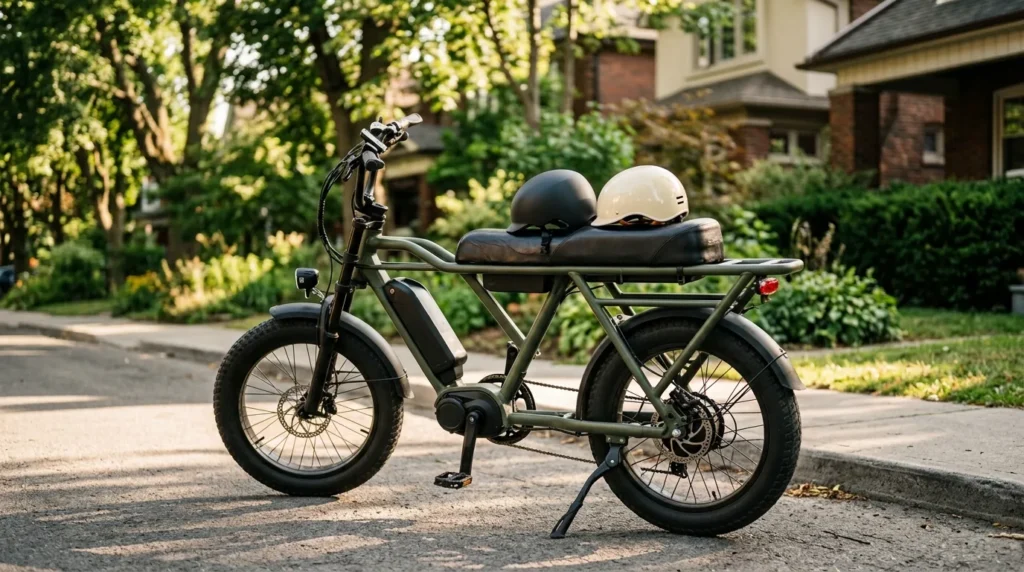 Bicicleta elétrica com garupa e banco corrido, com dois capacetes sobre o assento
