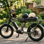 Bicicleta elétrica com garupa e banco corrido, com dois capacetes sobre o assento