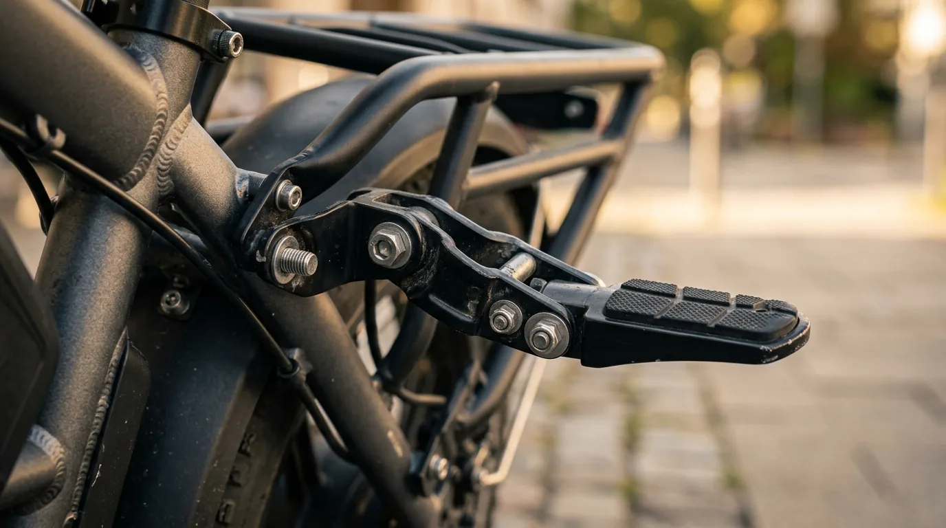 Detalhe da pedaleira traseira e do bagageiro reforçado de uma bicicleta elétrica