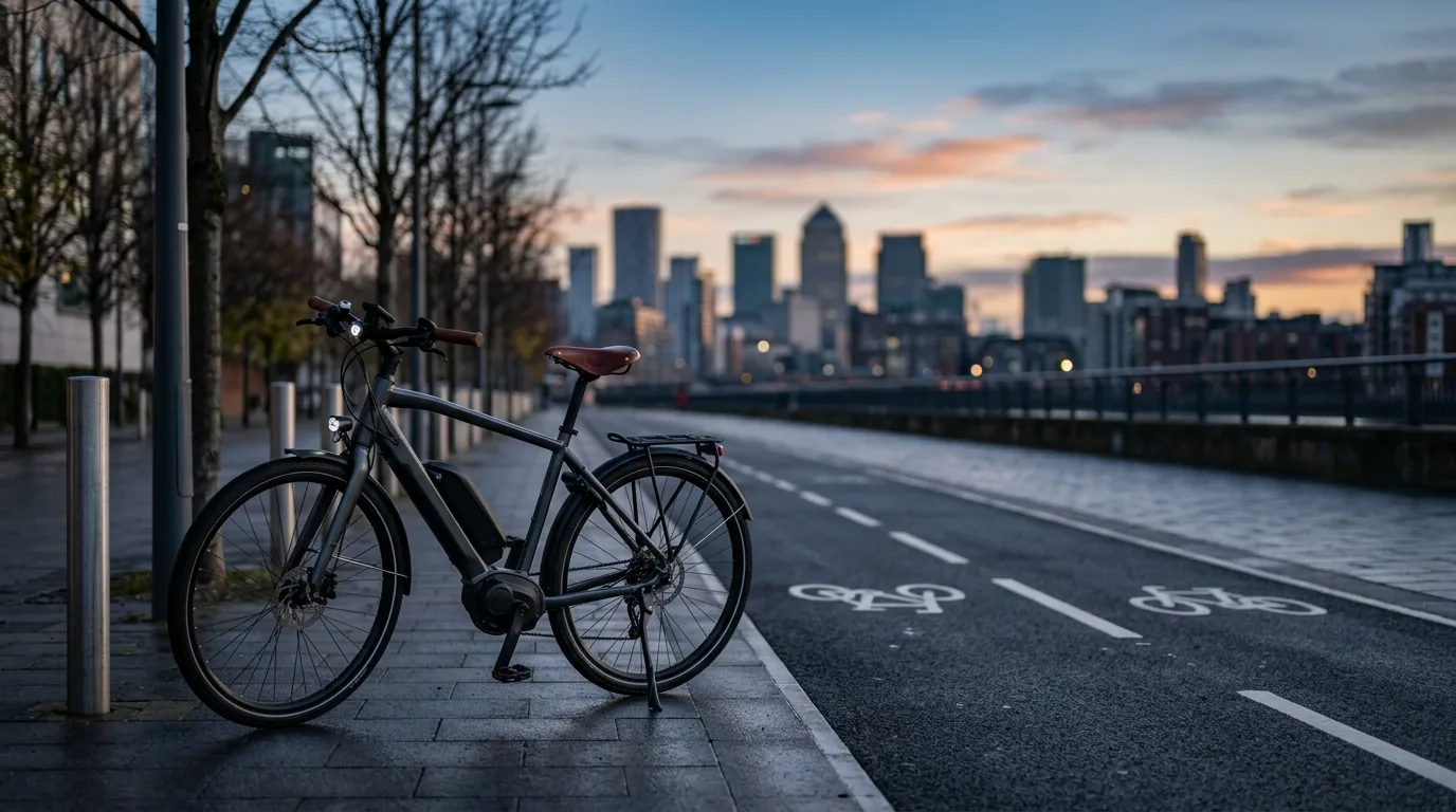 Bicicleta elétrica estacionada em ciclovia urbana ao amanhecer