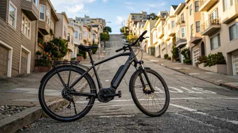 Bicicleta elétrica no pé de uma rua íngreme em bairro de relevo acentuado