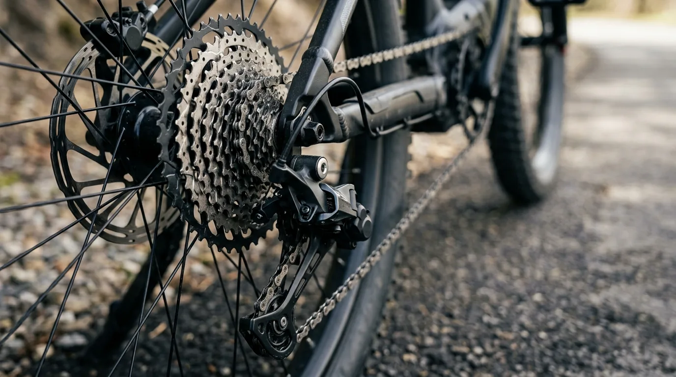 Detalhe da cassete traseira e do câmbio de uma bicicleta elétrica