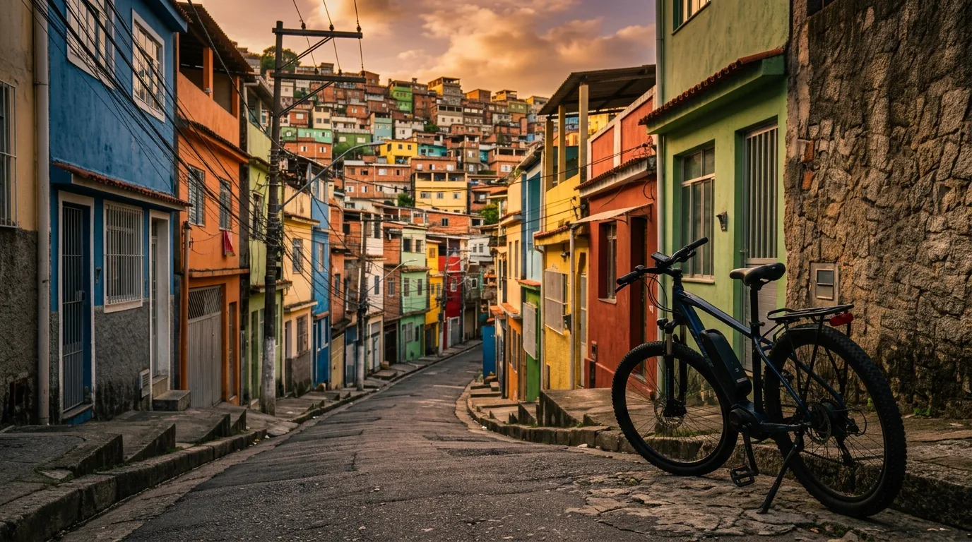 Rua íngreme em ladeira com uma bicicleta elétrica apoiada no descanso