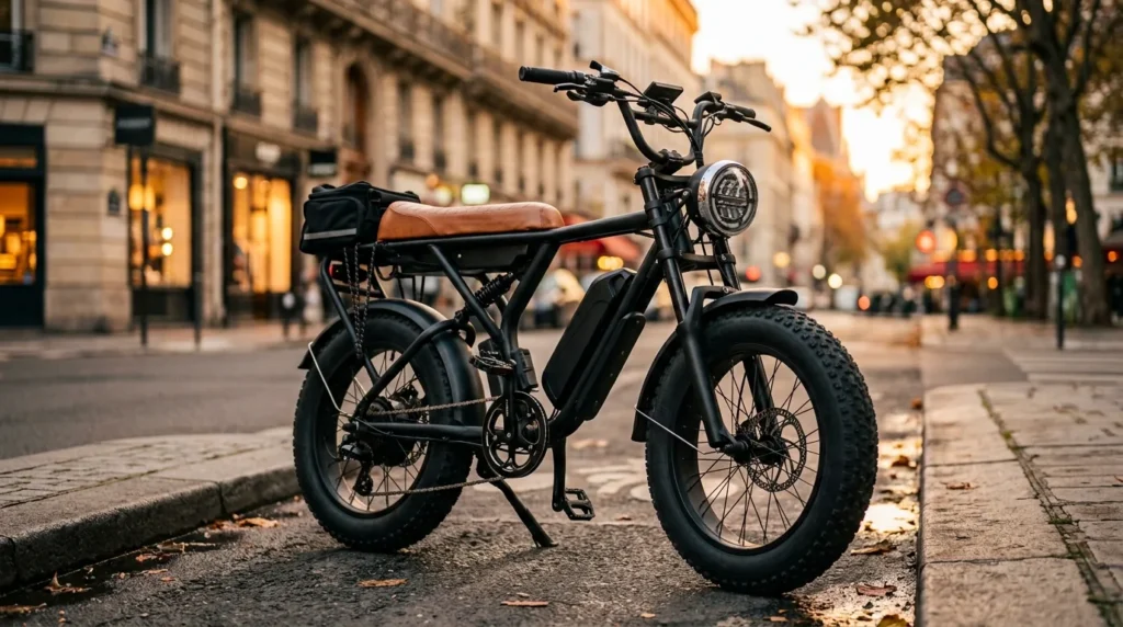 Bicicleta elétrica tipo moto com pneu largo e banco corrido estacionada na rua