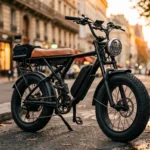 Bicicleta elétrica tipo moto com pneu largo e banco corrido estacionada na rua