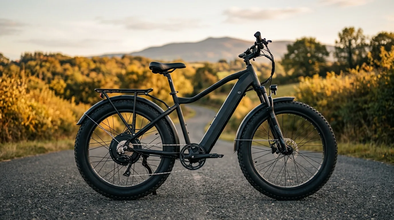 Bicicleta elétrica potente vista de perfil sobre asfalto