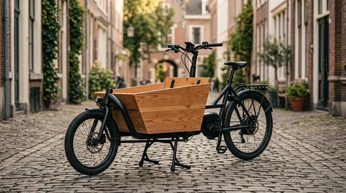 Bicicleta cargueira elétrica de caixa dianteira vazia em rua urbana