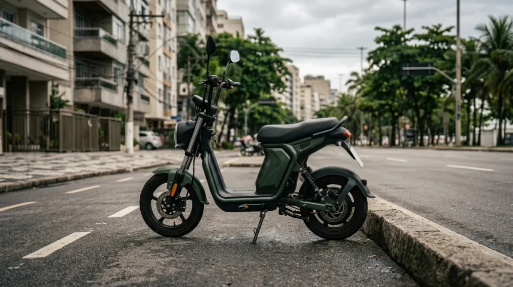 Ciclomotor elétrico estacionado em avenida urbana com o suporte de placa vazio