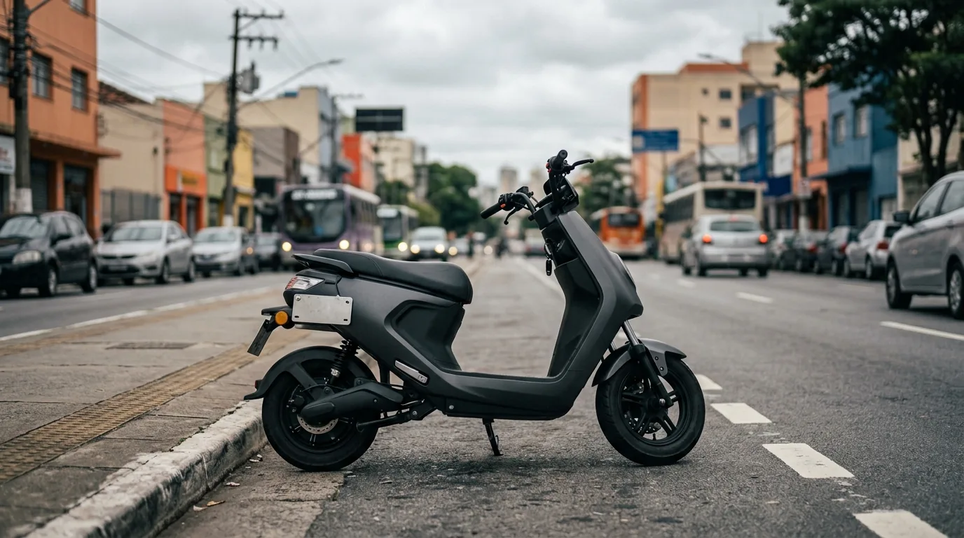 Scooter elétrica preta parada na faixa da direita de uma avenida brasileira