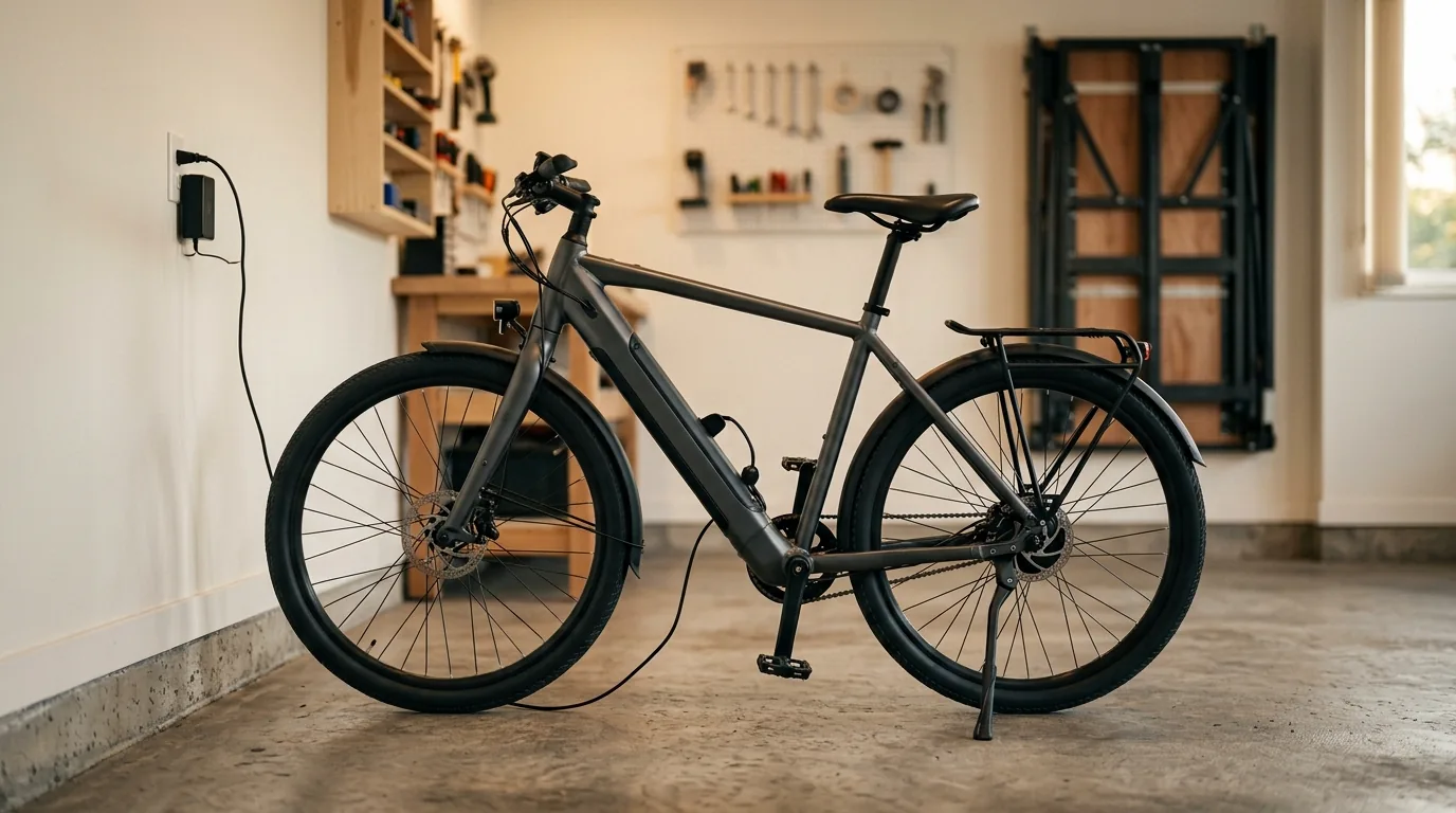 Bicicleta elétrica ligada à tomada na garagem de casa