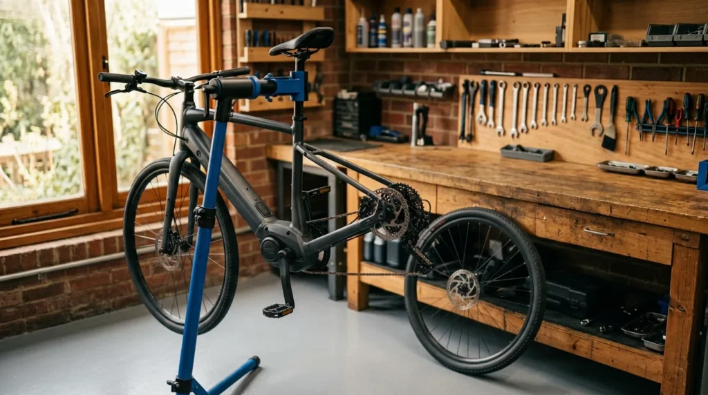 Bicicleta elétrica em cavalete de reparo numa oficina de bicicletas