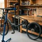 Bicicleta elétrica em cavalete de reparo numa oficina de bicicletas