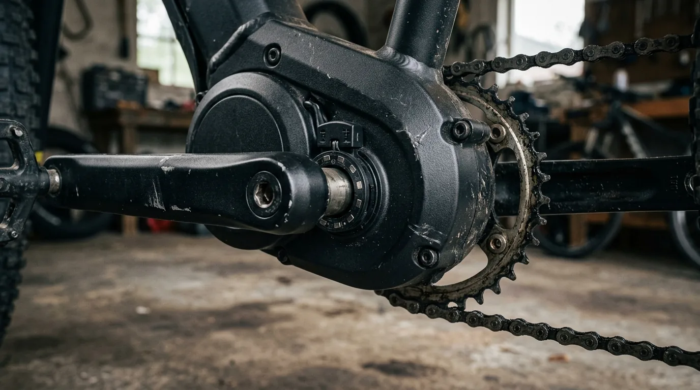 Detalhe do motor central, da coroa e do sensor de pedalada de uma bicicleta elétrica