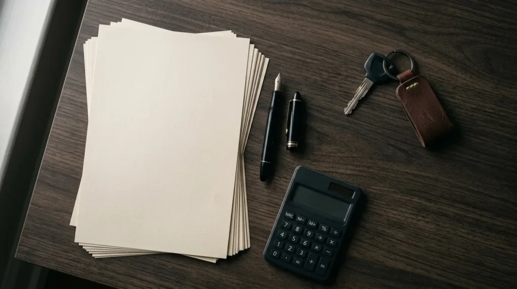 Contrato, caneta, calculadora e chave de moto sobre uma mesa escura