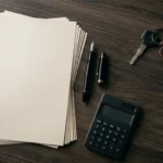 Contrato, caneta, calculadora e chave de moto sobre uma mesa escura