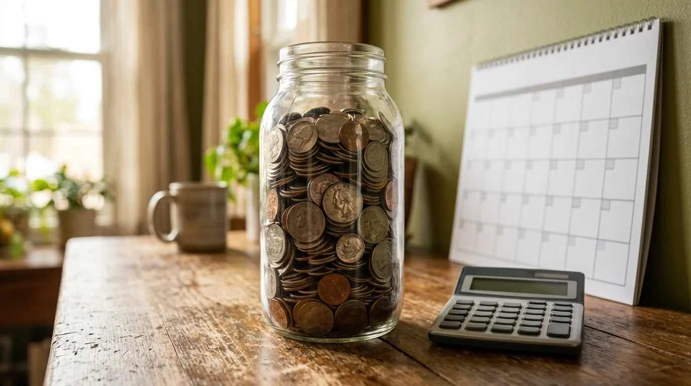 Pote de moedas ao lado de calculadora e calendário, representando o pagamento mensal do consórcio