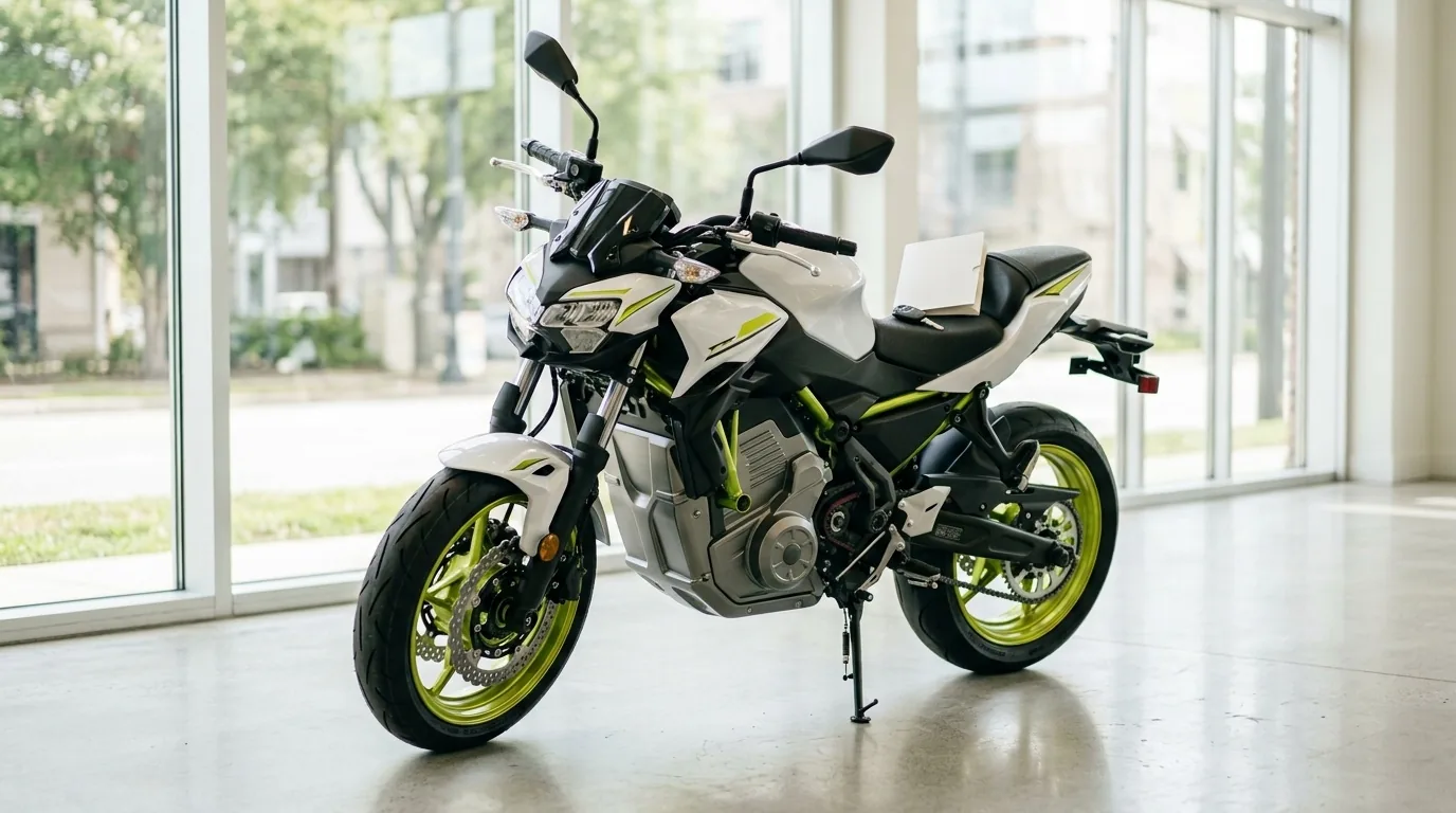 Moto elétrica nova em uma loja com a chave sobre o banco, no momento da entrega