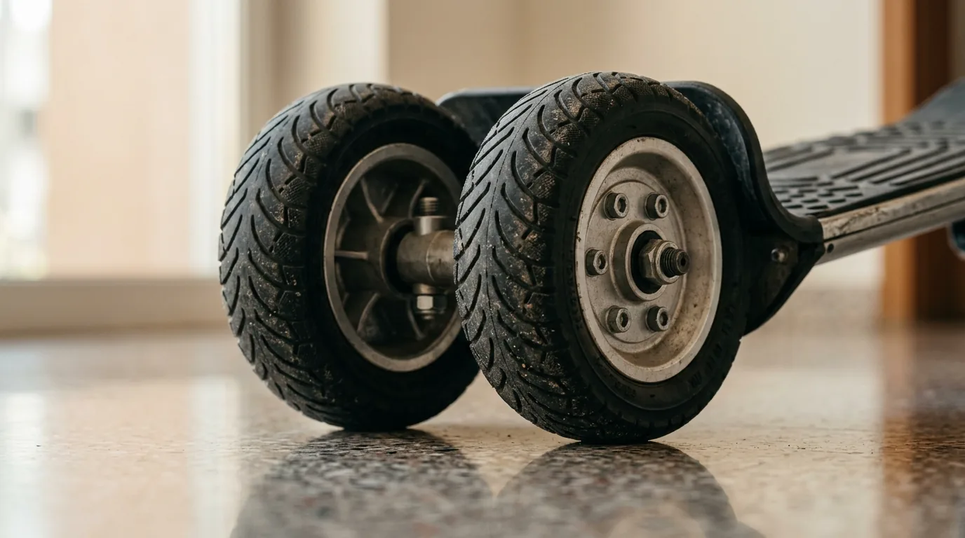 Detalhe das duas rodas paralelas e da plataforma de apoio de um diciclo elétrico