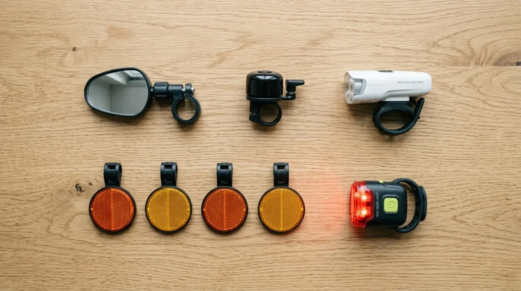Equipamentos obrigatórios da bicicleta elétrica sobre uma bancada: campainha, retrovisor, luzes e refletivos