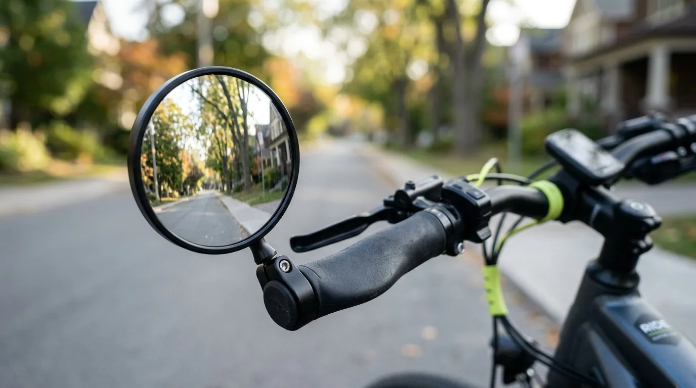 Retrovisor esquerdo instalado no guidão de uma bicicleta elétrica