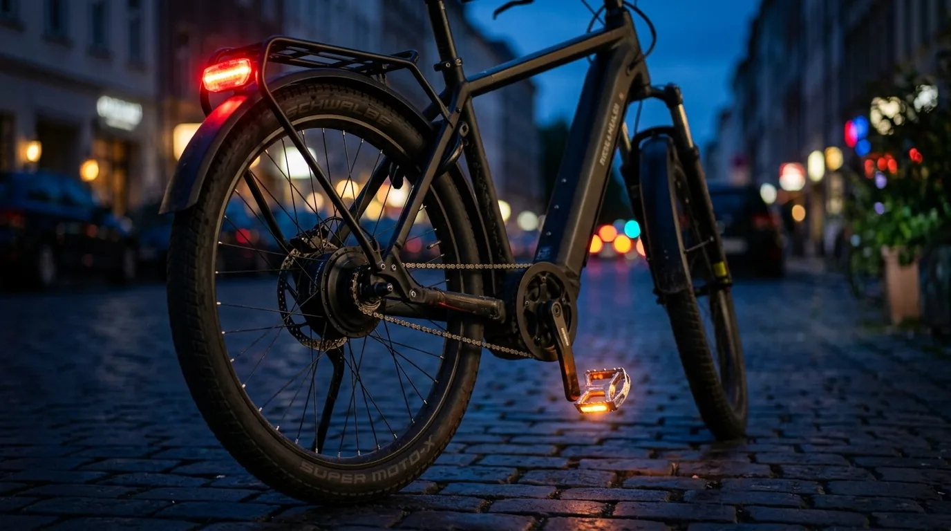 Lanterna traseira acesa e refletivos de uma bicicleta elétrica ao anoitecer