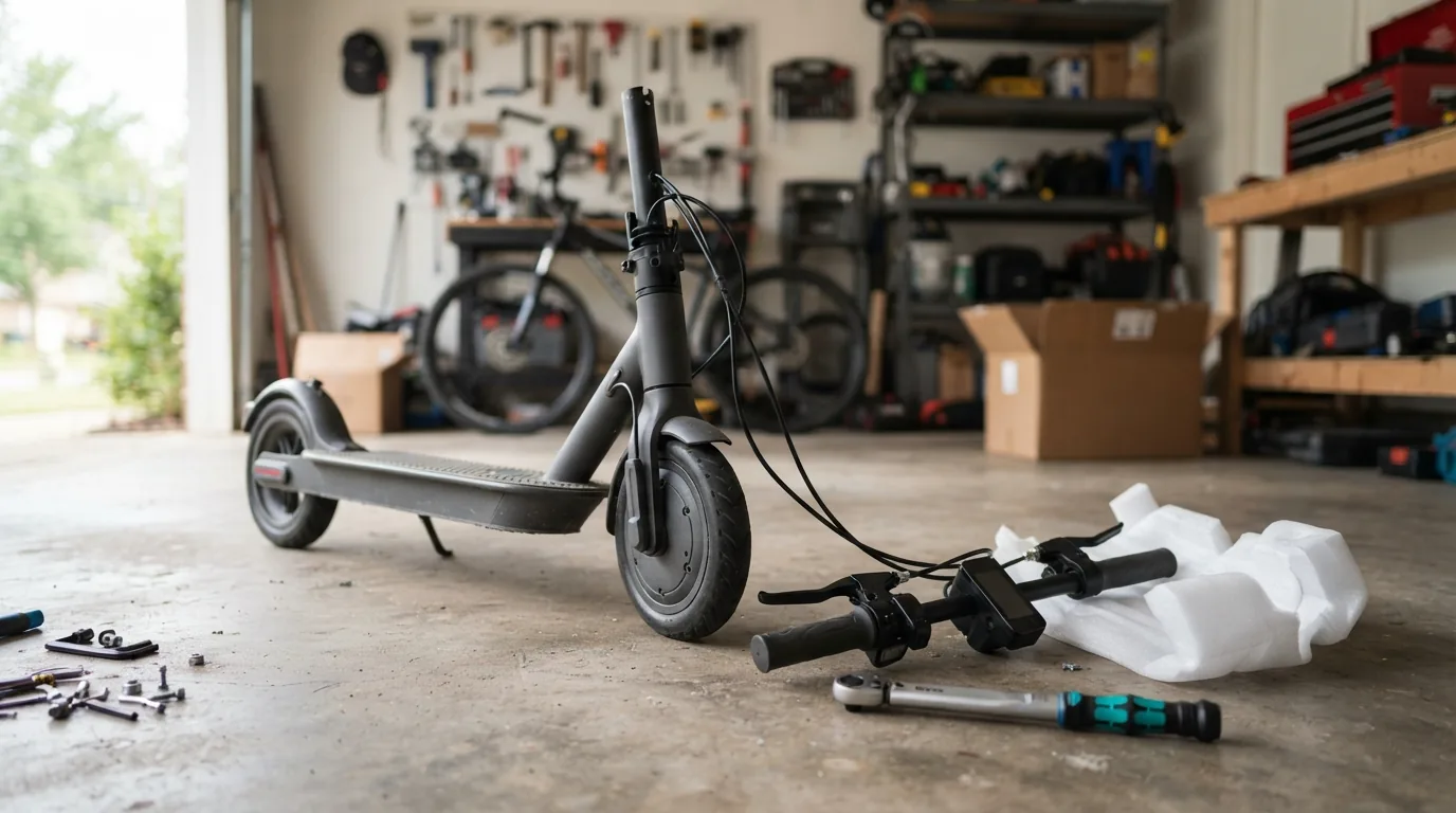 Scooter elétrica em montagem na garagem, com o guidão desmontado ao lado