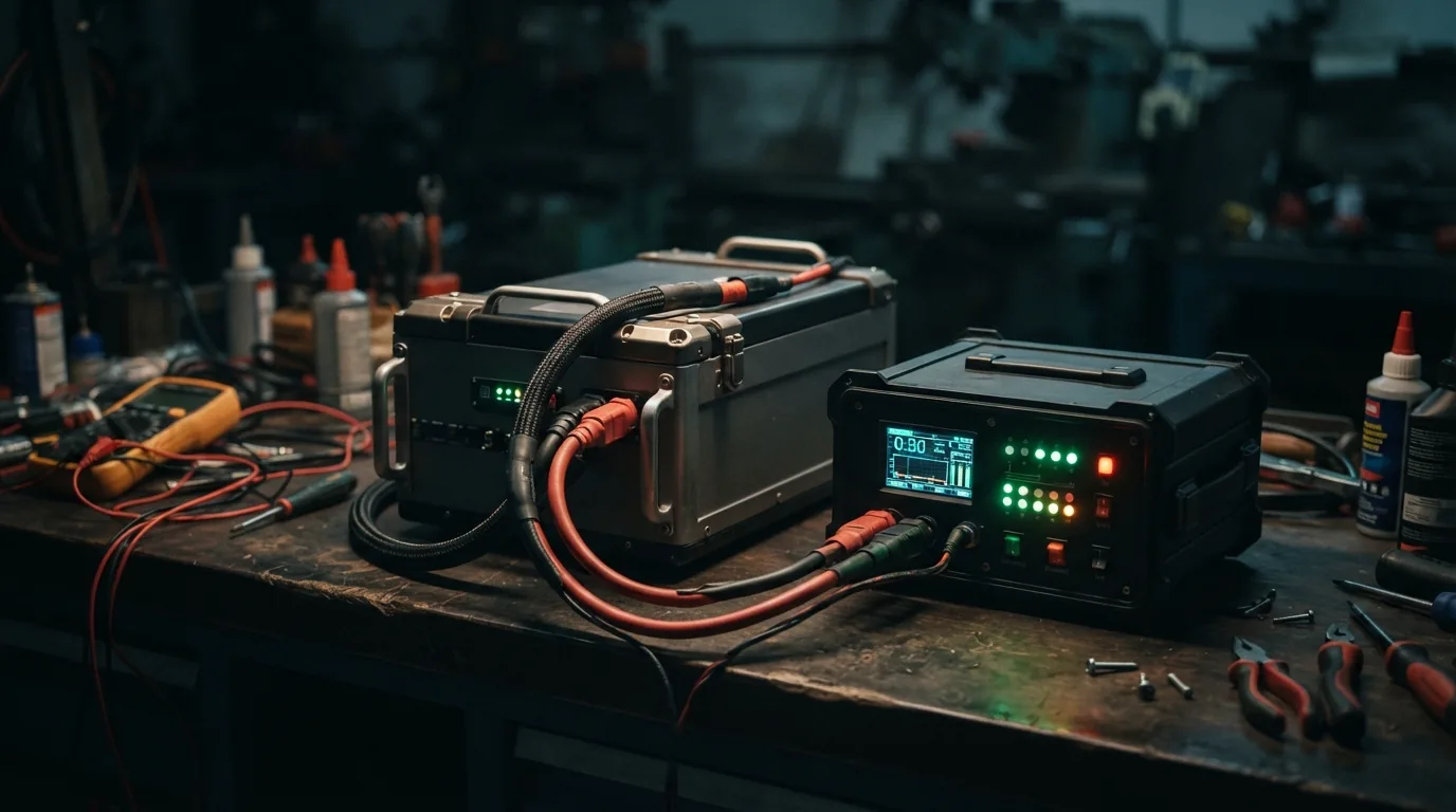 Bateria de lítio conectada por cabos a um equipamento de diagnóstico na bancada