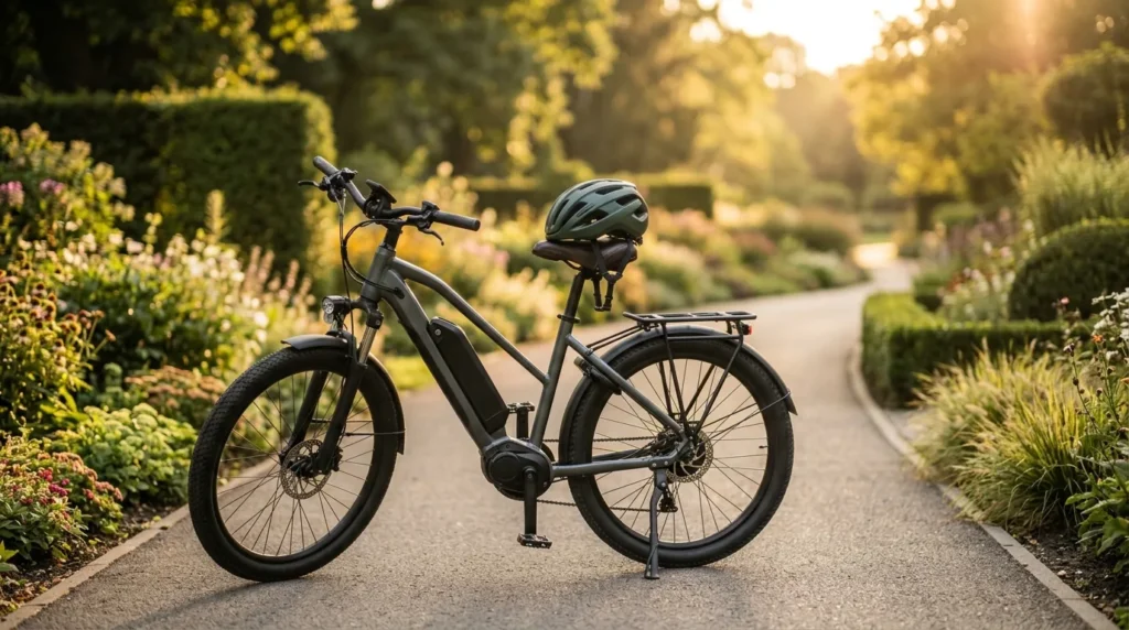Capacete apoiado no selim de uma bicicleta elétrica estacionada em um parque