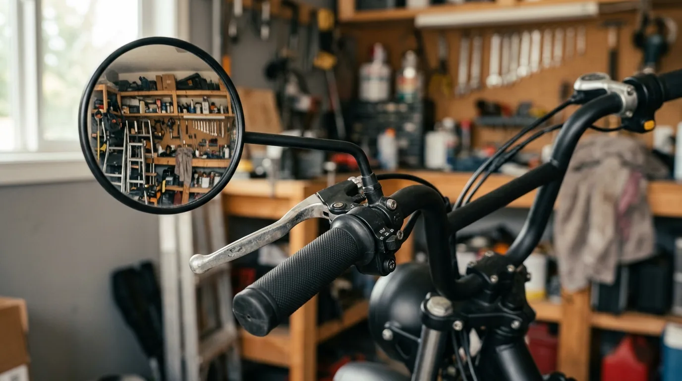 Guidão e retrovisor esquerdo de um ciclomotor elétrico dentro de uma garagem