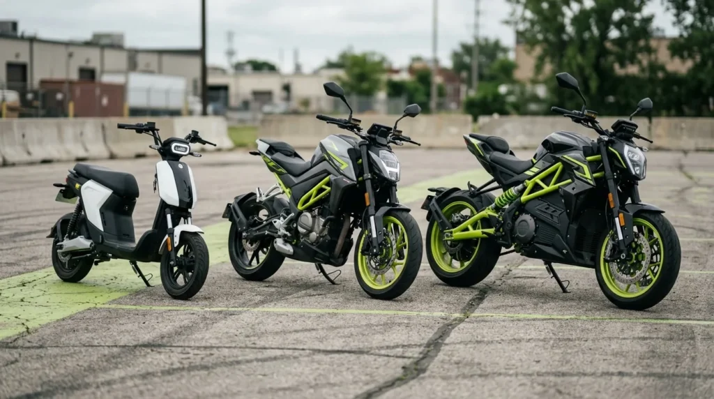 Três motos elétricas de tamanhos diferentes estacionadas lado a lado para comparação