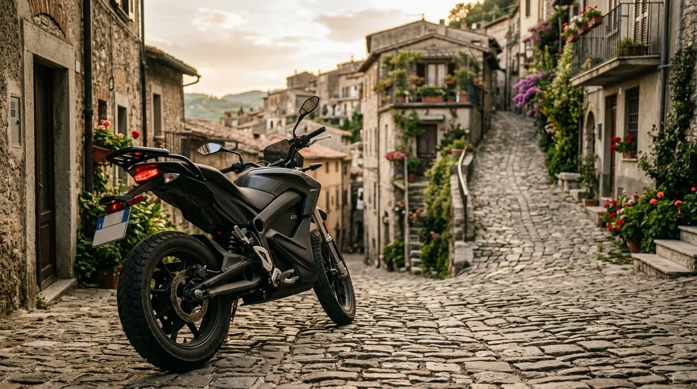 Moto elétrica estacionada em uma rua de paralelepípedos em ladeira