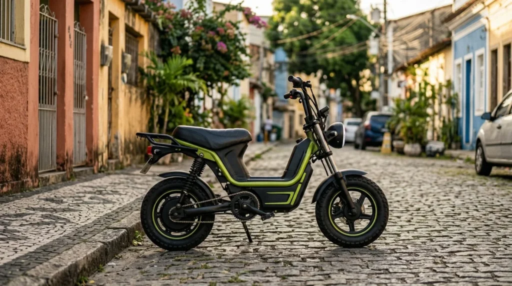 Mini moto elétrica para adulto estacionada em uma rua residencial brasileira