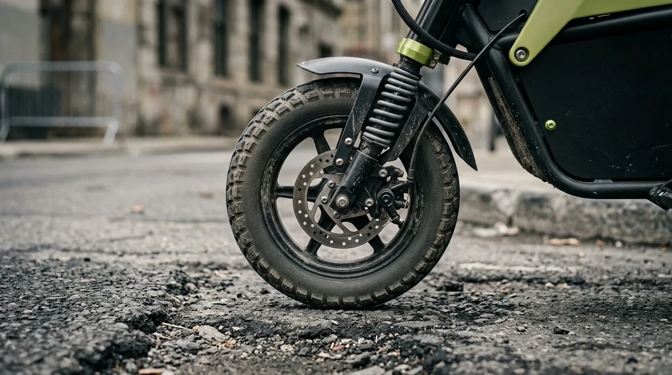 Roda pequena e suspensão dianteira de uma mini moto elétrica sobre asfalto irregular