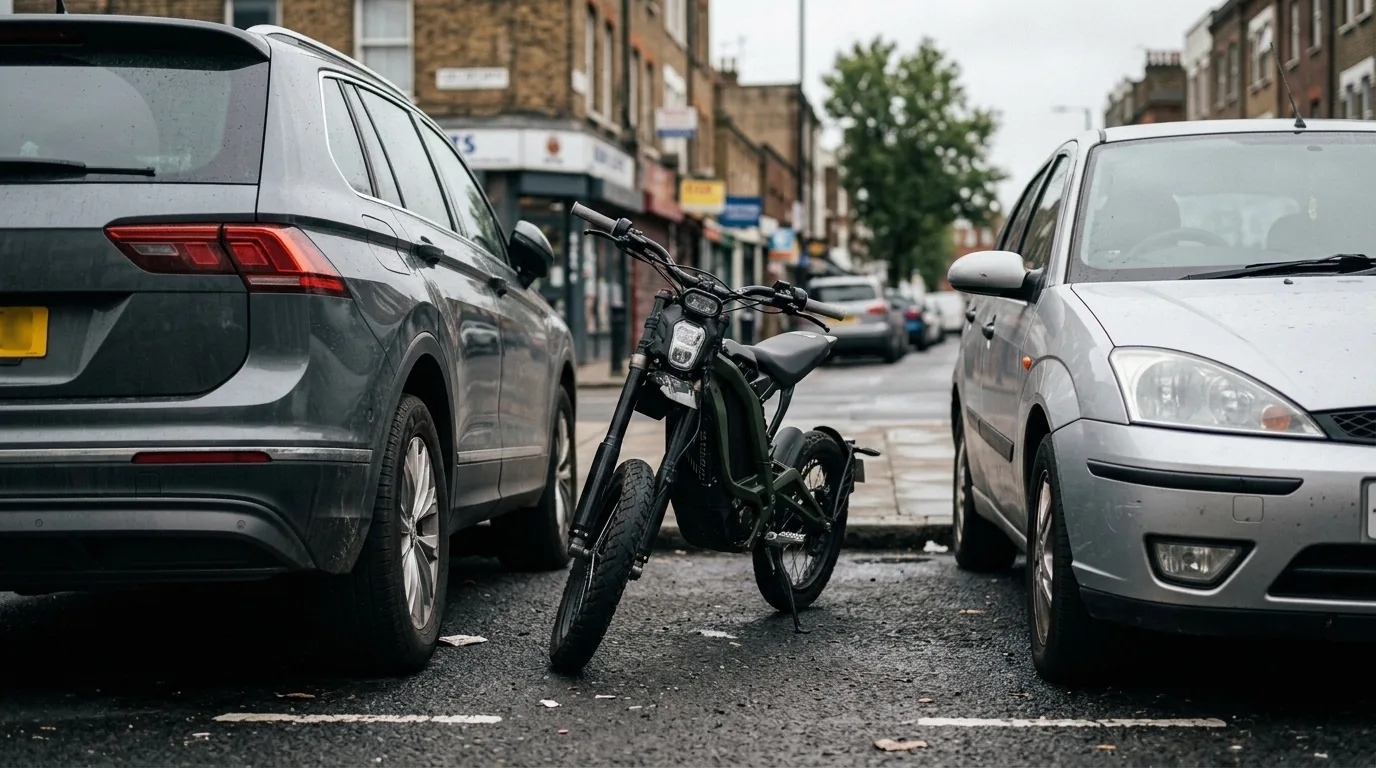 Mini moto elétrica estacionada no espaço estreito entre dois carros