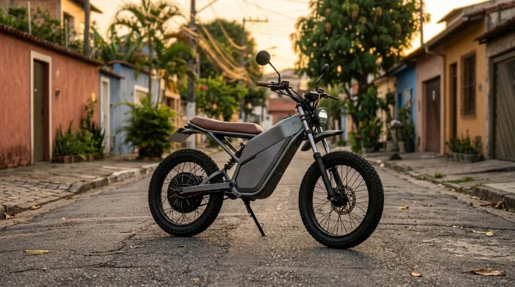 Moto elétrica de 1500W estacionada em rua residencial no fim da tarde