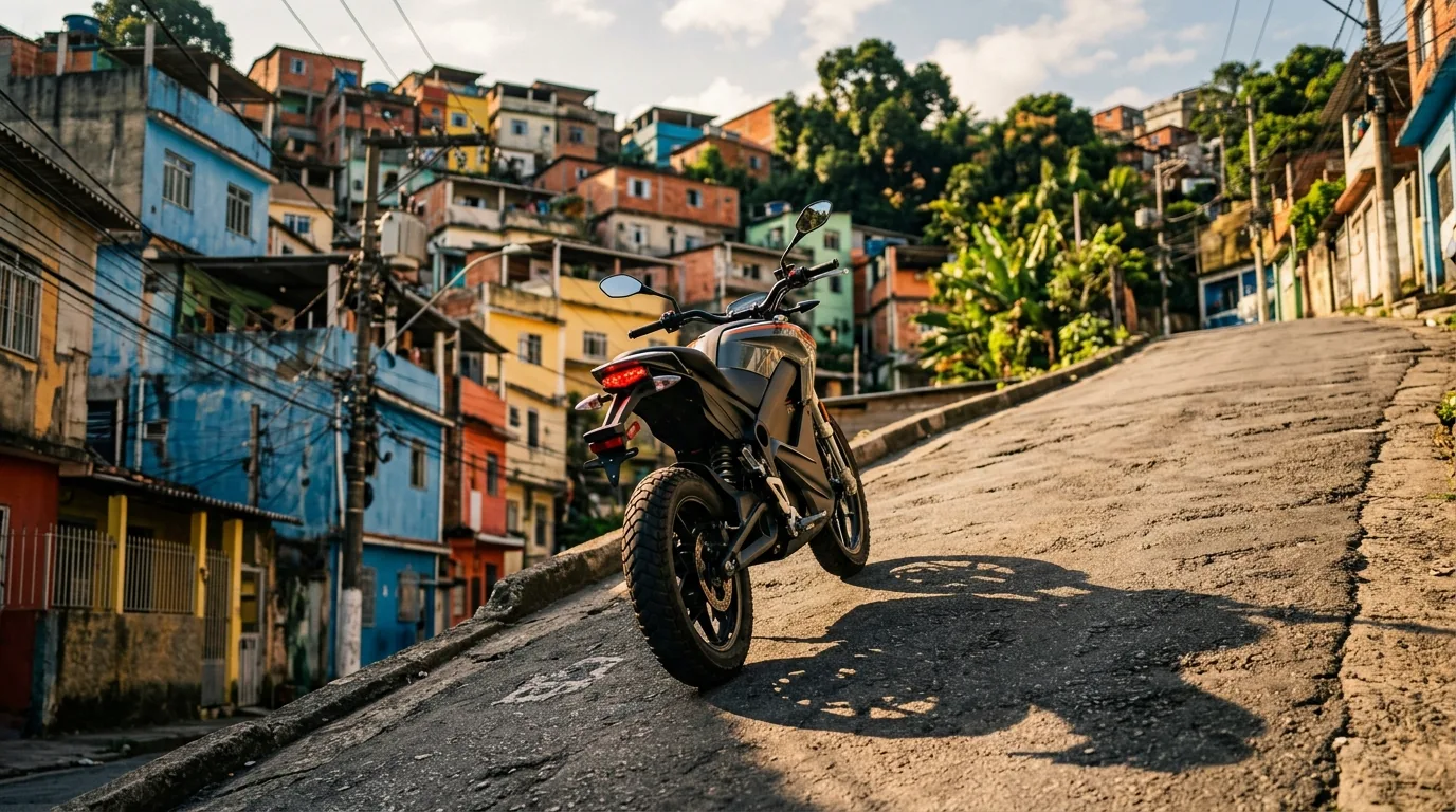 Moto elétrica subindo uma rua íngreme em bairro de relevo acentuado