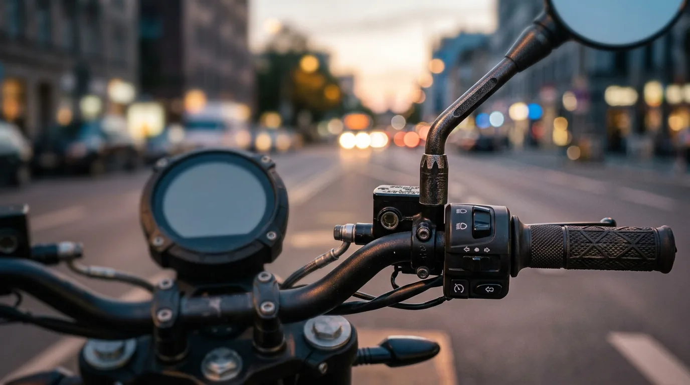 Detalhe do painel e do punho do acelerador de uma moto elétrica