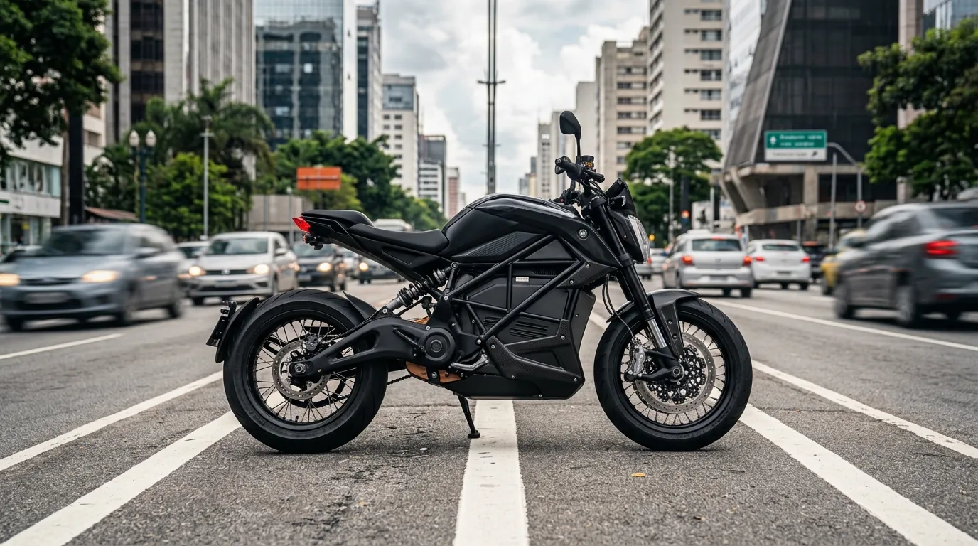 Moto elétrica parada no acostamento de uma avenida com o trânsito desfocado