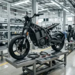 Moto elétrica em linha de montagem de fábrica, com caixas de peças nas prateleiras